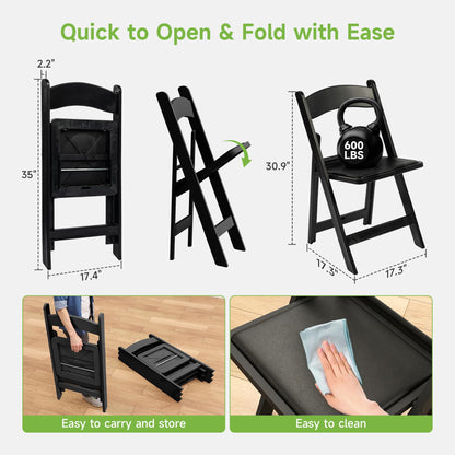 Real Relax Black Resin Folding Chairs with Cushion - Comfortable Foldable Plastic Chair - Stackable Chairs with Padded Seats - Indoor/Outdoor Chairs for Events, 600lbs Capacity(10 Pack)