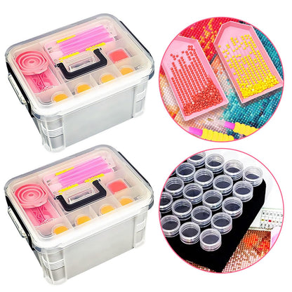 CXJINZE Diamond Painting Tools Accessories Storage-Kit - 111Pcs 5D Set Portable Tool Box with Handle Craft Jewelry Bead Storage Pink Box Art Trays for Diamond Painting Accessories and Tools