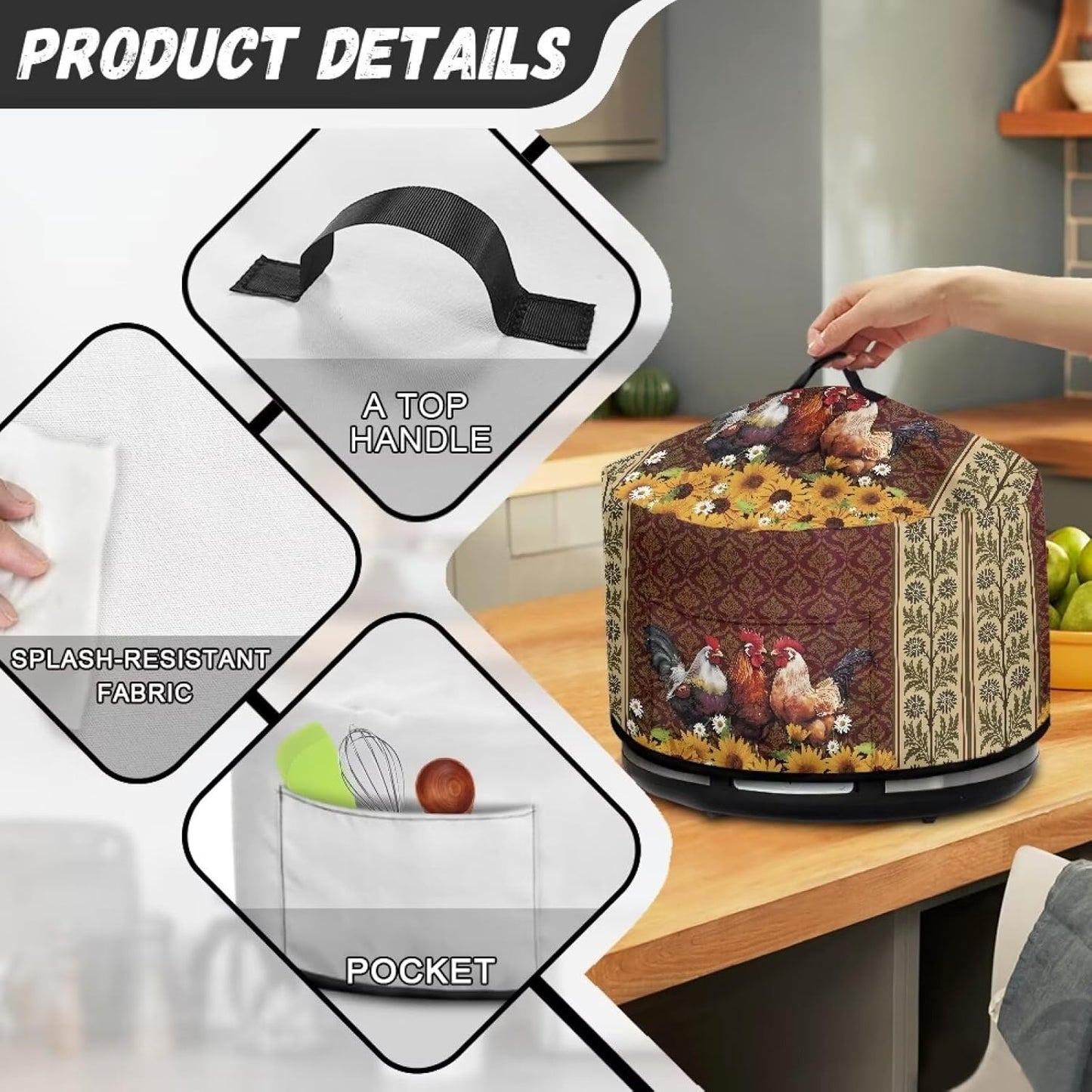 Roosters Dust Cover for Small Kitchen Appliances, Fits Most 6-8 Quart Oval Slow Cookers, Pockets & Top Handle
