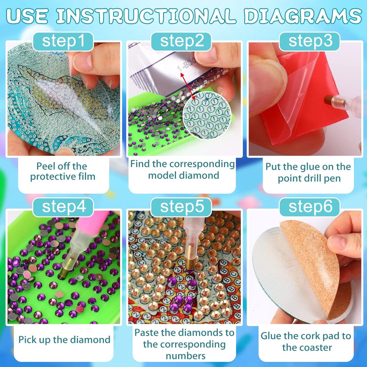 UPINS Ocean Diamond Art Painting Coaster Kit, 8Pcs DIY Crafts Kit with Holder, Non Slip Coaster Art Supplies for Adults, Ideal Christmas Gift