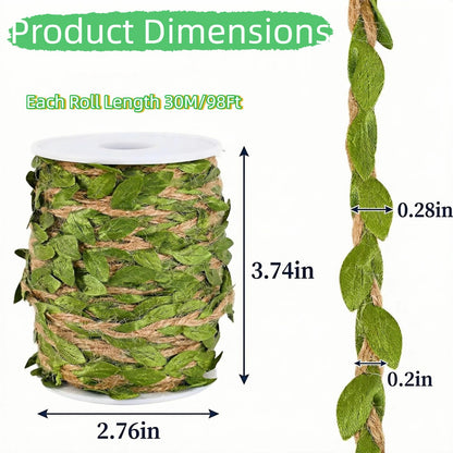 XYXGFCHP Burlap Leaf Ribbon, 196Ft (2x98Ft) 5mm Natural Jute Twine with Artificial Green Leaves & Vine for DIY Crafts, Gift Wrap, Jungle Safari Party, Baby Shower, Rustic Wedding, Garden & Home Decor