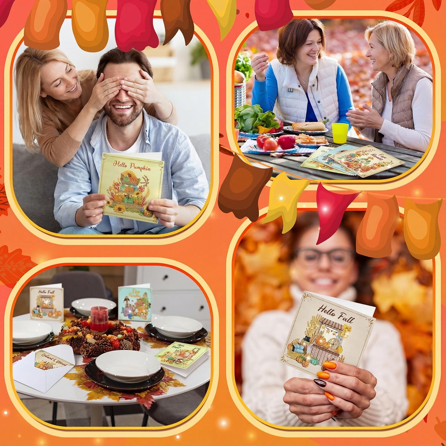 TecUnite 12 Pack Thanksgiving Diamond Painting Greeting Card Kits Fall Thanksgiving Diamond Art Cards with Envelopes Pumpkin DIY Crafts Kit Rhinestones Paint Scarecrow Cards for Friend Birthday Gifts