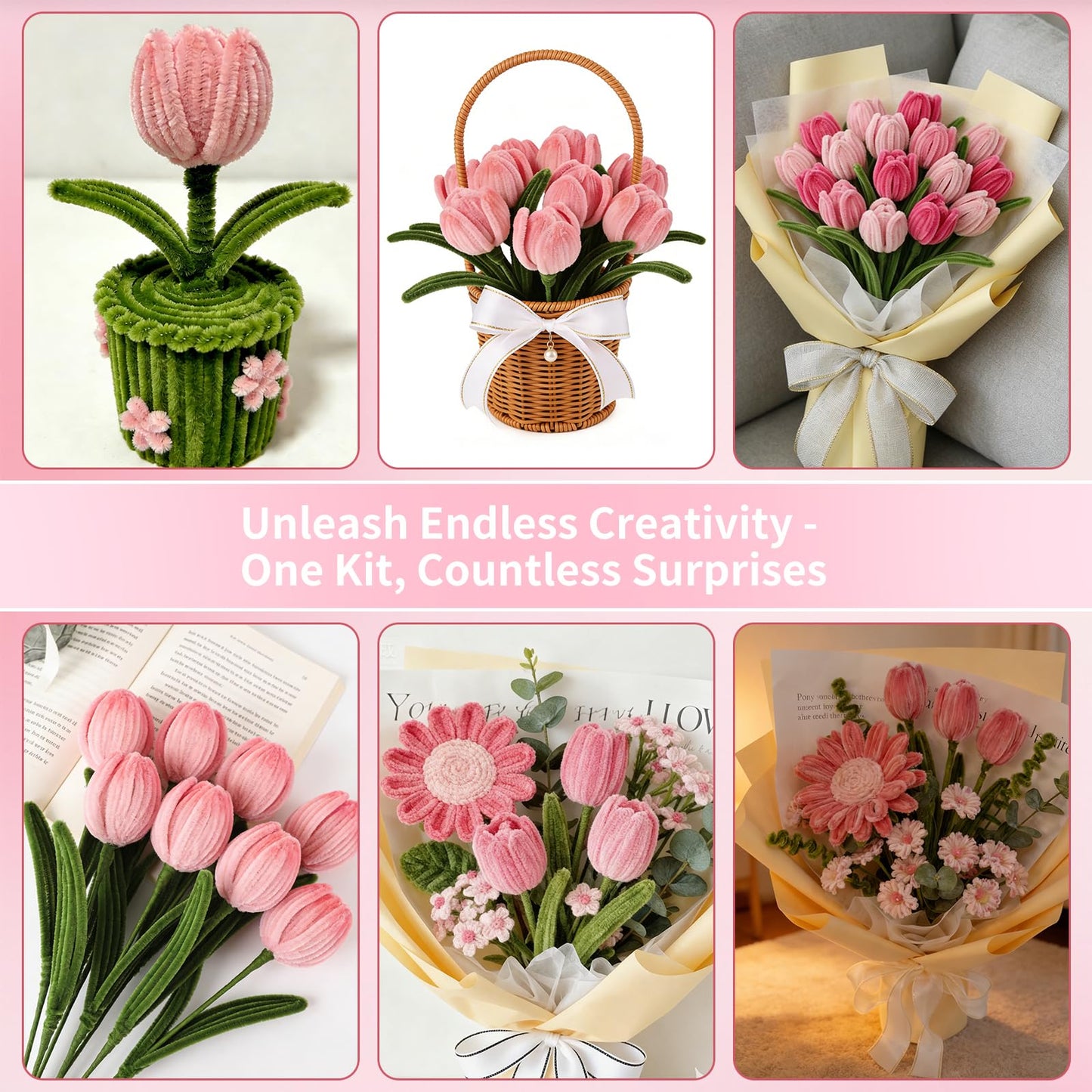 400PCS Pipe Cleaners Craft Kit, DIY Flower Making Supplies with Chenille Stems, Floral Wires, Glue Sticks, Gardening Tape, Stamen & Ribbon, Creative Handmade Mothers Day Gift, Art and Craft Supplies