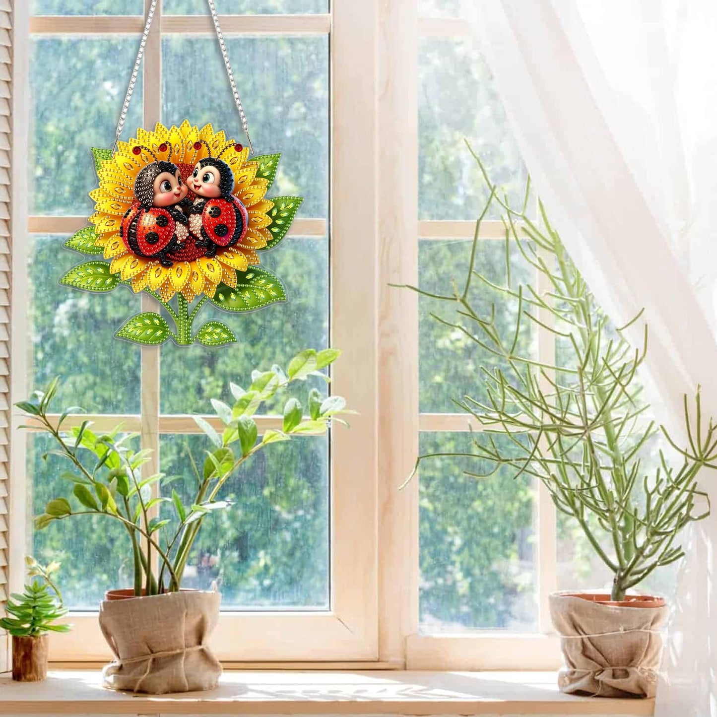 CEOVR Ladybug Hanging Diamond Art for Adults, Ladybug Sunflower Diamond Painting Pendant DIY Gem Art Wall Hanging Ornament, Acrylic Home Garden Decor with Chain, Box Kit 7.75×7.2inch