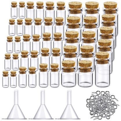 Sherli 45 Pcs Small Mini Glass Bottles with Cork Stoppers Small Glass Jars with Lids Tiny Spell Jars with 50 Eye Screws and 3 Funnels for DIY Art Craft(0.5ml, 1ml, 3ml, 5ml, 10ml)
