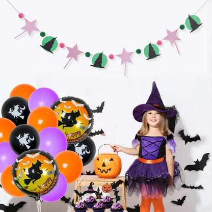 Witch Garland Banner – Pink Fairy Wand and Witch Hat Garland with Pom Poms, Halloween Magic Party Decorations for Girls Birthday, Wizard Theme Decor