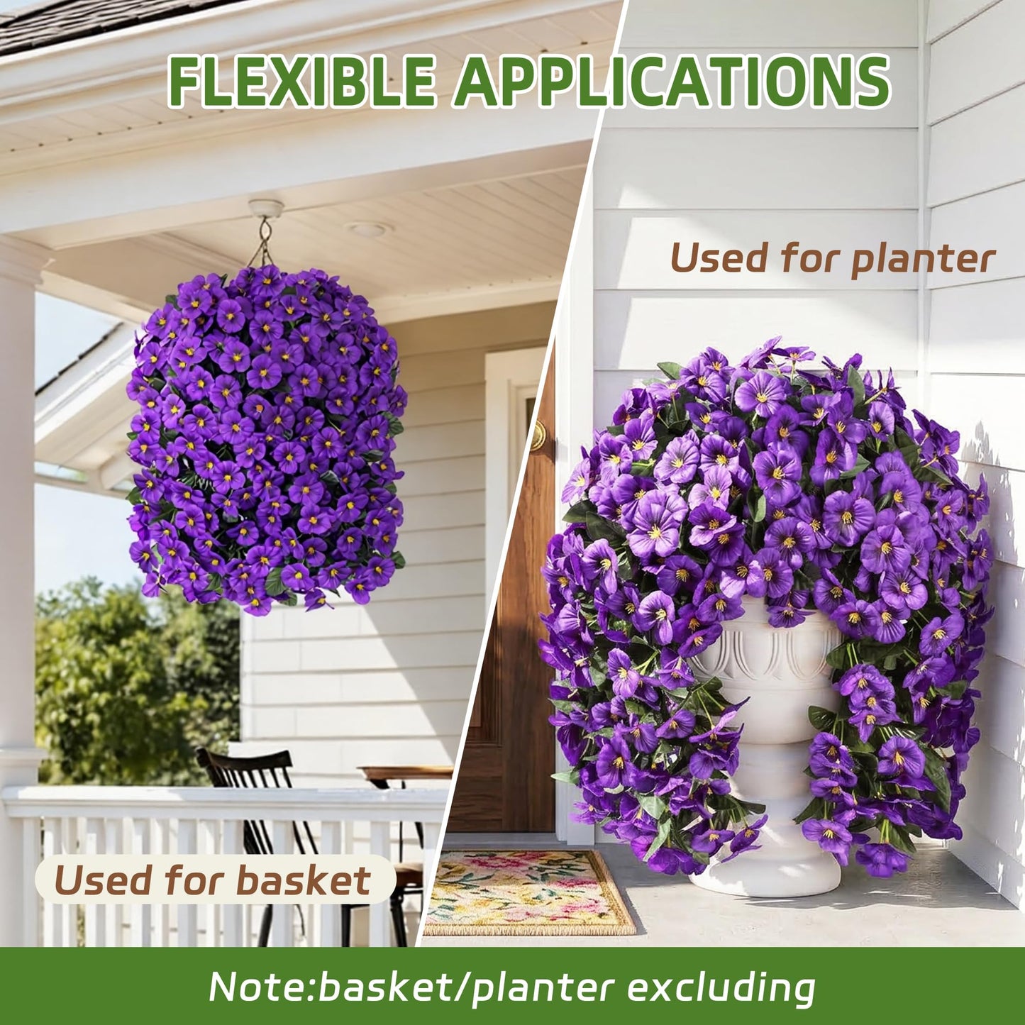 HyeFlora Artificial Flowers for Outdoors, 2pcs Faux Silk Pansies Flowers UV Resistant Fake Hanging Flower Plants for Outside Planters Porch Yard Patio Window Box (Dark Purple)