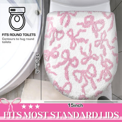 SmoothNovelty Toilet Lid Cover Washable Coquette Cute Plush Toilet Cover for Bathroom Decor Soft Microfiber 17.5 x 15 Inch Non Slip Rubber Backing Fits Most Round, Elongated(Rose Pink,Bow)