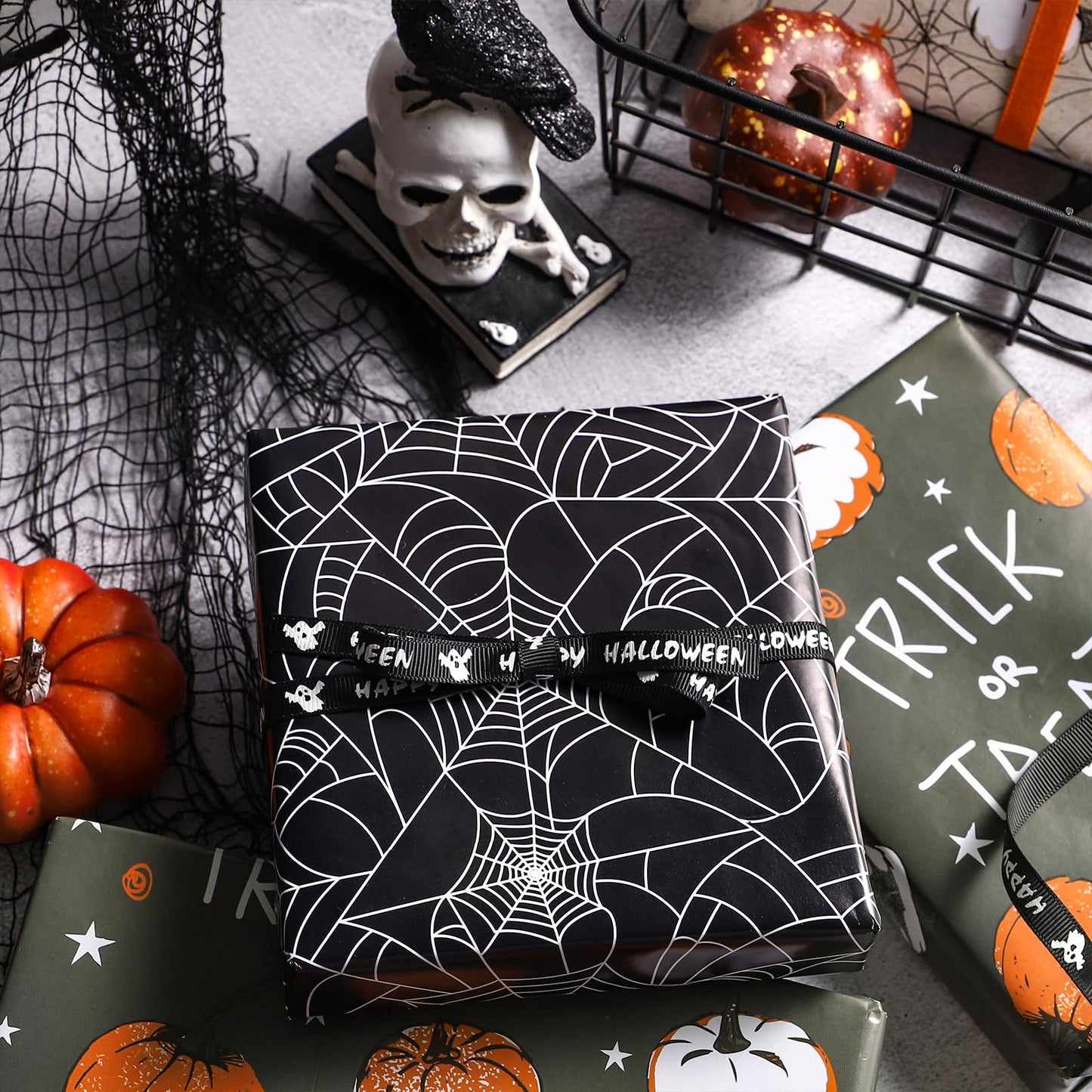 LeZakaa Halloween Wrapping Paper Roll & 13" Gift Bag with Tissue Paper, Gift Tag, and Card, Evil Pumpkin Fluorescent Black