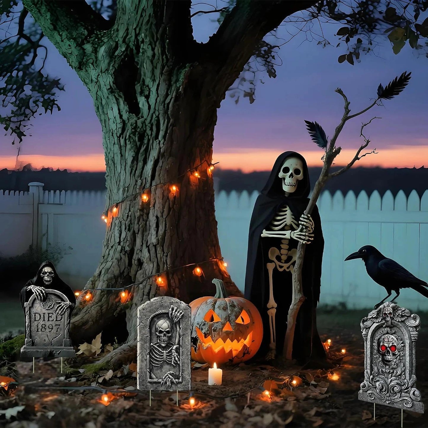 Heyigrow Halloween Death Tombstone Yard Signs, 6 Pcs Spooky Skeleton Skull Outdoor Decoration for Lawn Cemetery Graveyard