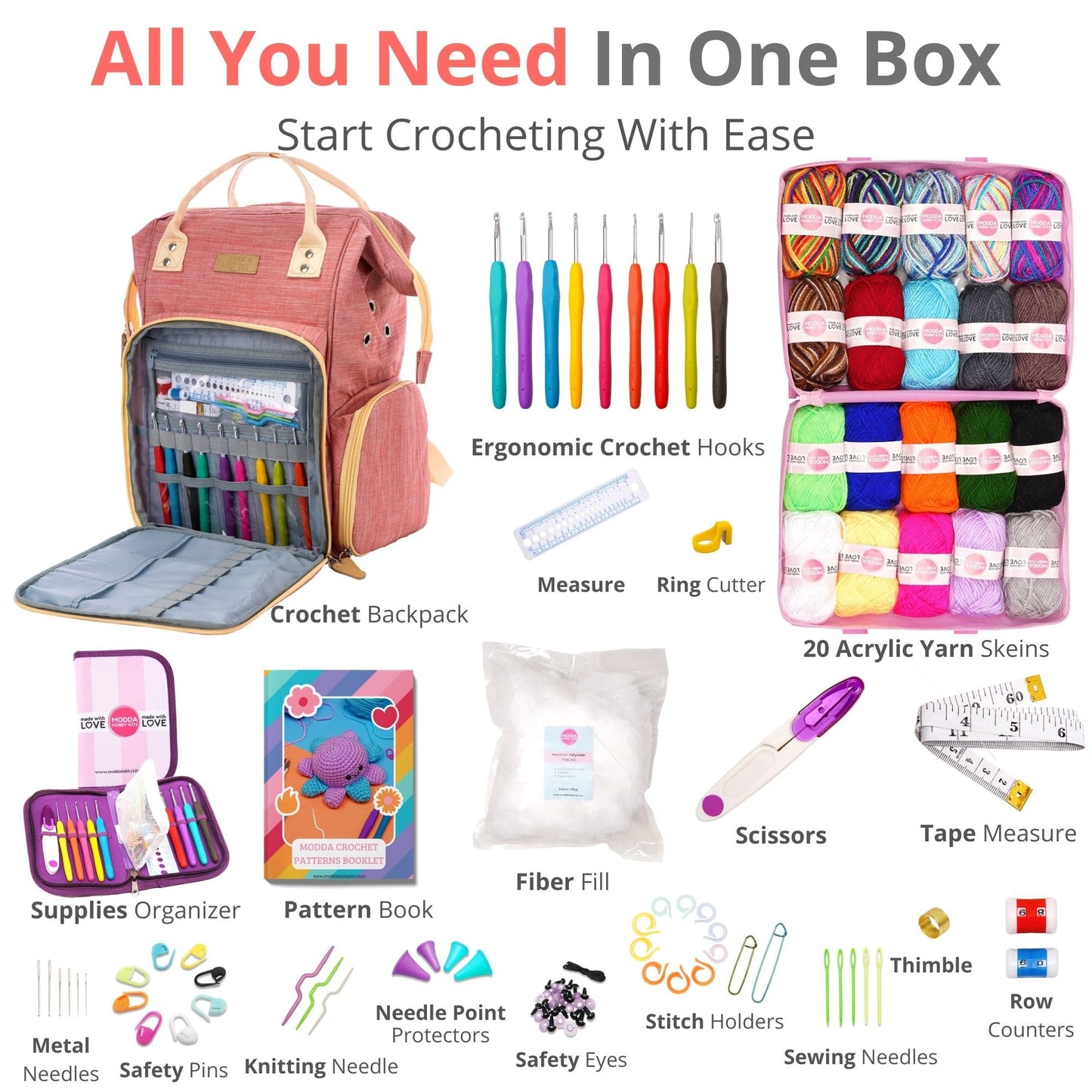 MODDA Crochet Kit for Beginners Adults and Kids - with Backpack and Video Course, Amigurumi and Crocheting Kit, Beginner Crochet Kit with Crochet Bag Backpack, Yarn, Hooks, Book, Crochet Starter Kit