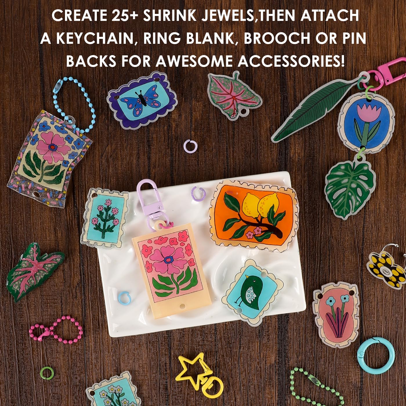 Grabie DIY Shrink Art Craft Kit Jewelry Making Kit for Kids Adults, 25+ Pre-Cut Shapes, 5 Dual-Tip Markers, Custom Charms, Pins, Rings, Keychains (Bloom Post - for Art Lovers)
