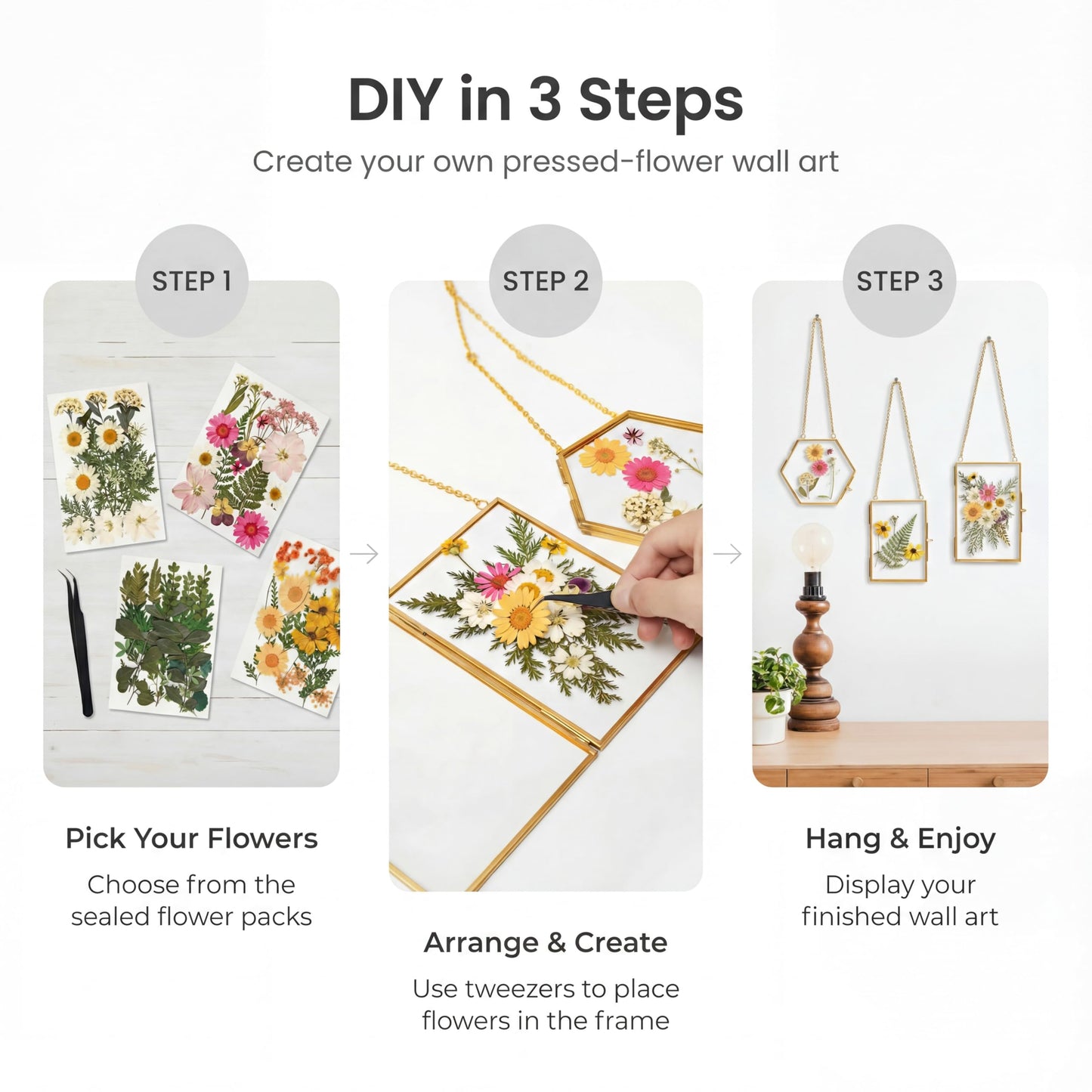 Relaxing Garden Pressed Flower Craft Kit for Adults & Women, DIY Floating Double Glass Frame Kit with Real Dried Flowers, Handmade Gift Art Project for Home Décor, Keepsake & Creative Crafts