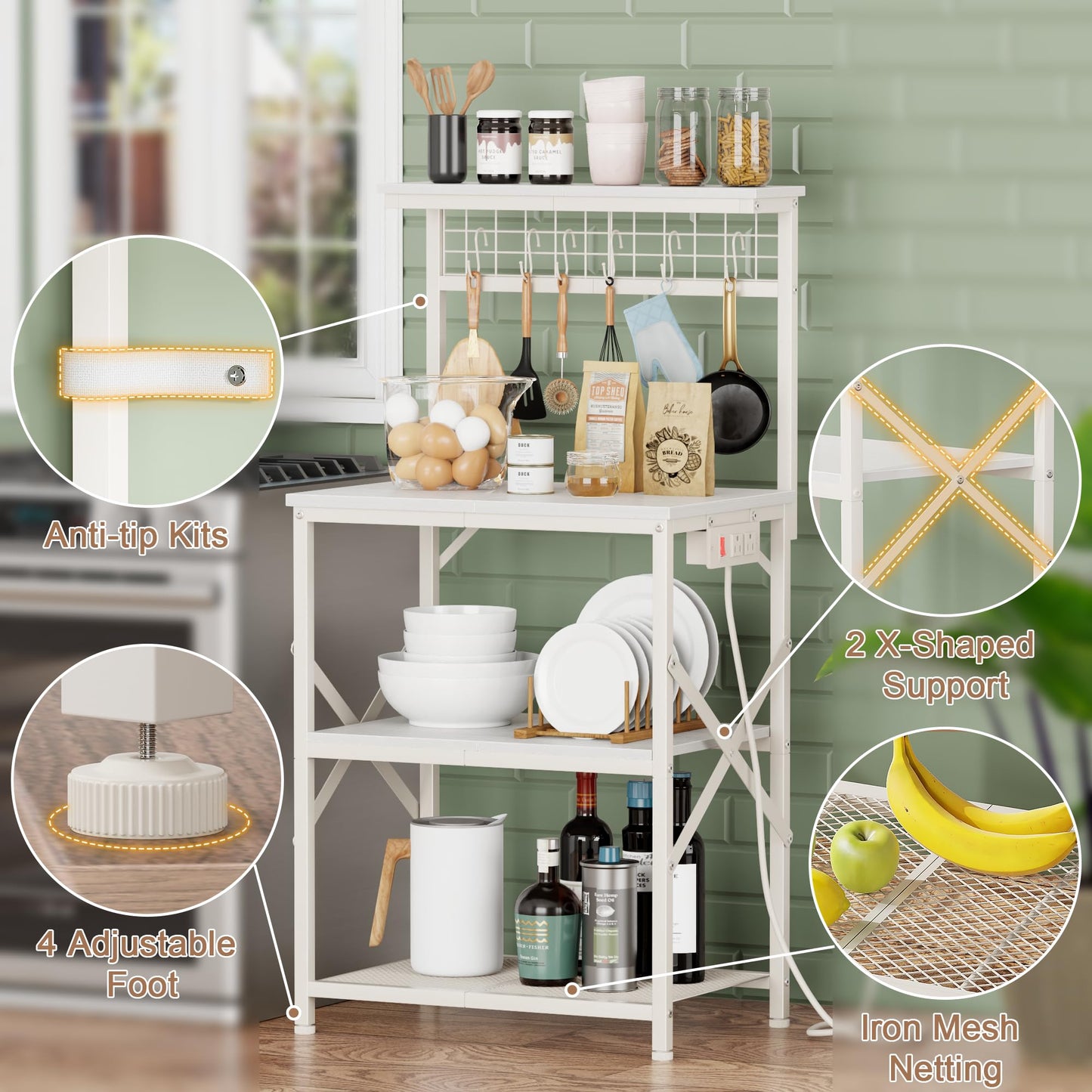 Furologee Kitchen Bakers Rack with Power Outlet, Microwave Oven Stand with Storage 4 Tiers, Coffee Bar Table with 6 S Hooks, Kitchen Storage Shelf Rack for Spices, Pots, Rustic Brown