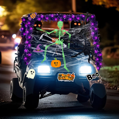 Suncalla Halloween Golf Cart Decoration Kit-Halloween Car Decorations-Skeleton Glow in Dark, Fake Spider Web, Spider, Purple Garland, Sticker for Trunk or Treat Parade Indoor Outdoor Golf Cart Party