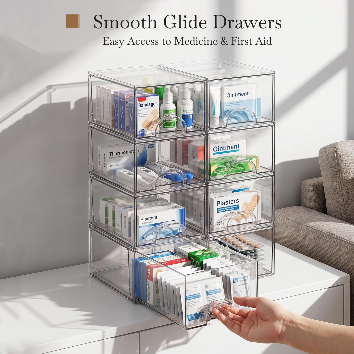 Zeawec 8 Pack Small Clear Stackable Acrylic Storage Boxes for Art Tool & Sketch, Storage Drawers, Storage Organizer, Clear Plastic Makeup Organizer, Ideal for Vanity, Cabinet, Desk Organization