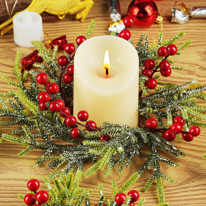 IWNTWY 6Pcs Christmas Candle Ring Wreaths, Artificial Red Berries Pine Branches Leaves Candle Rings for Pillars Candle Holder, Home Christmas Party Table Centerpiece Decoration