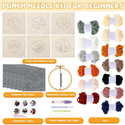 Punch Needle Coaster Kit for Beginners 6 Patterns Scenery Designs Embroidery Punch Needle Kit with Adhesive Felt Yarns Hoop Instruction Punching Decoration DIY Coaster Art Kits for Adults Beginner Kid
