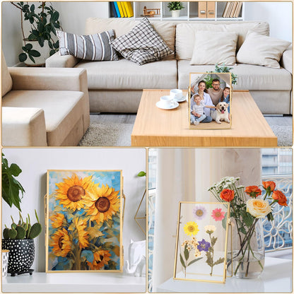 Vicenpal 3 Pack Glass Pressed Flower Frame Handmade, 4 x 6 floating Picture Frames for Pressed Flowers, Brass Double Glass for Tabletop Display, Home Office Plant Specimen, Photos(Gold)