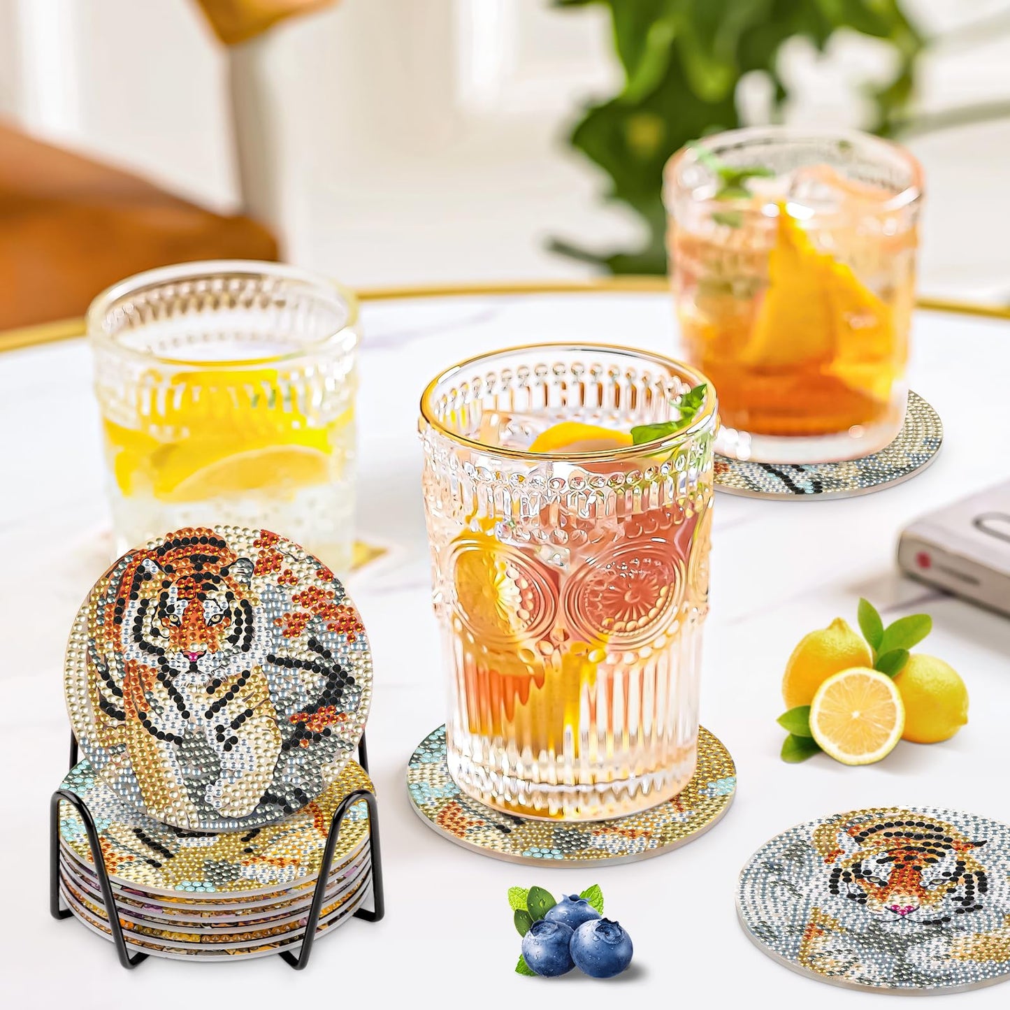 GHHKUD 6pcs Tiger Diamond Painting Coasters, DIY Life Coasters Animals Diamond Art Kits for Adults Kids, Full Drill 5D with Holder Cork Pad for Home