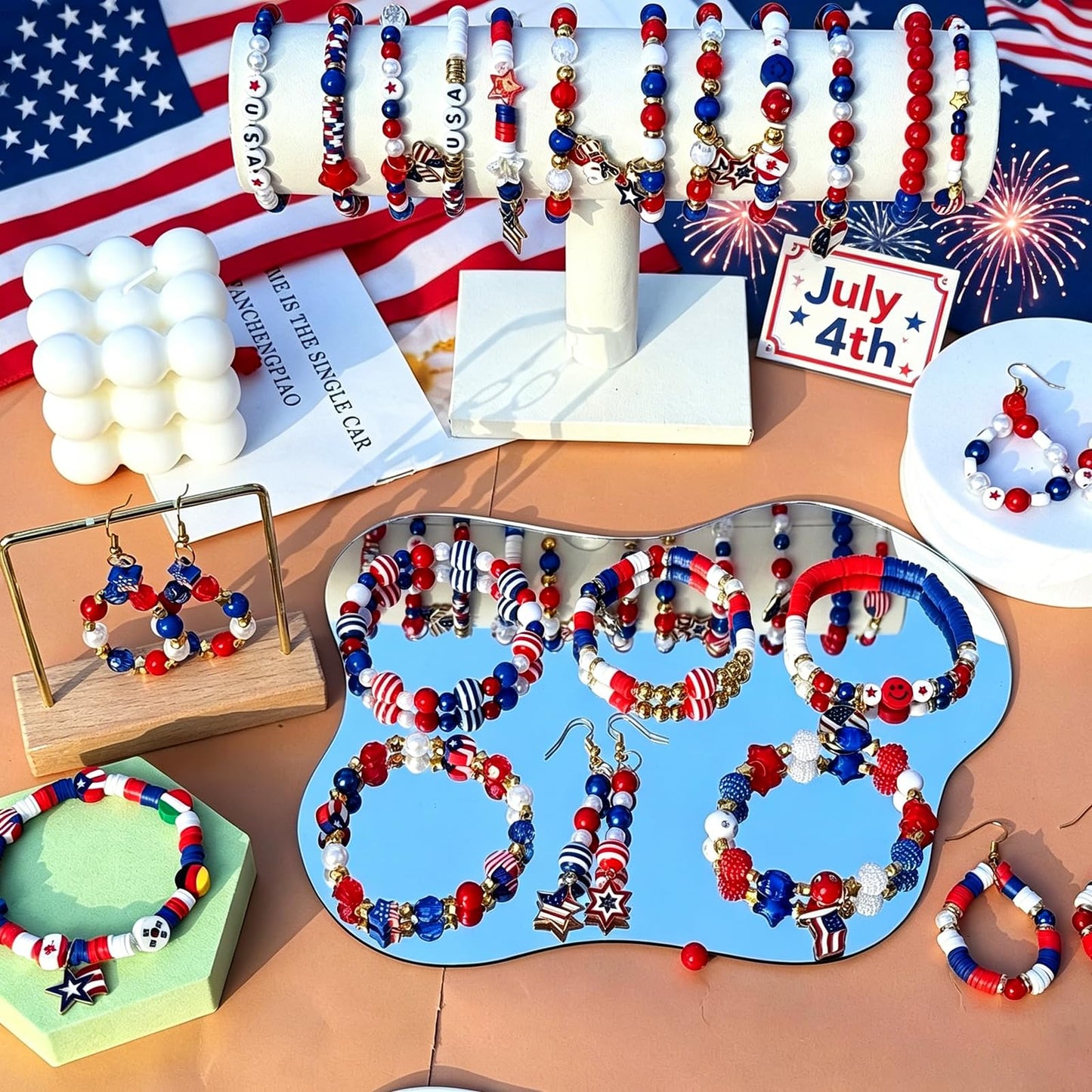 2100Pcs 4th of July Patriotic Beads Kit, Independence Day Bead Red White and Blue Polymer Clay Beads for Bracelets Jewelry Making Acrylic Round Star Letter Loose Beads with USA Patriotic Star Charms