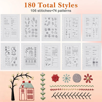 Tofficu Upgraded Embroidery Stitch Book Kit - Beginner Cross Stitch Kit with 6-Ring Binder, 180 Patterns, 24-Color Threads & Tools, All-in-One Embroidery Starter Practice Book for Adults DIY Craft
