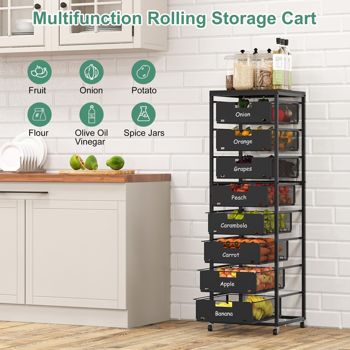 EasyPAG Rolling Storage Cart With 8 Drawers, Metal Craft Organizers And Storage Cart With Wood Tabletop, 30 Lbs Capacity Per Drawer For Home Office Classroom And Dorm, Black