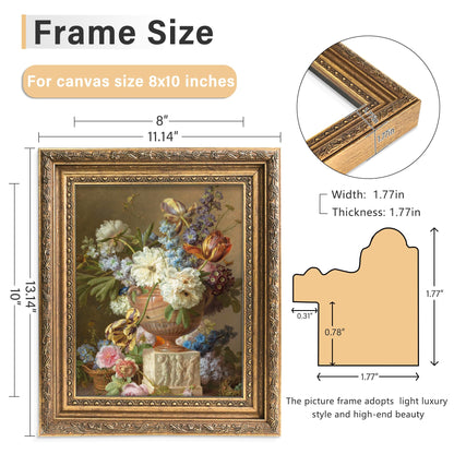 Abtgt 8x10 Canvas Floating Frame, Depth 2cm, Matte Gold Antique Ornate Canvas Frame for Oil Painting Art Prints, Vertical or Horizontal Wall Display, 1 Pack
