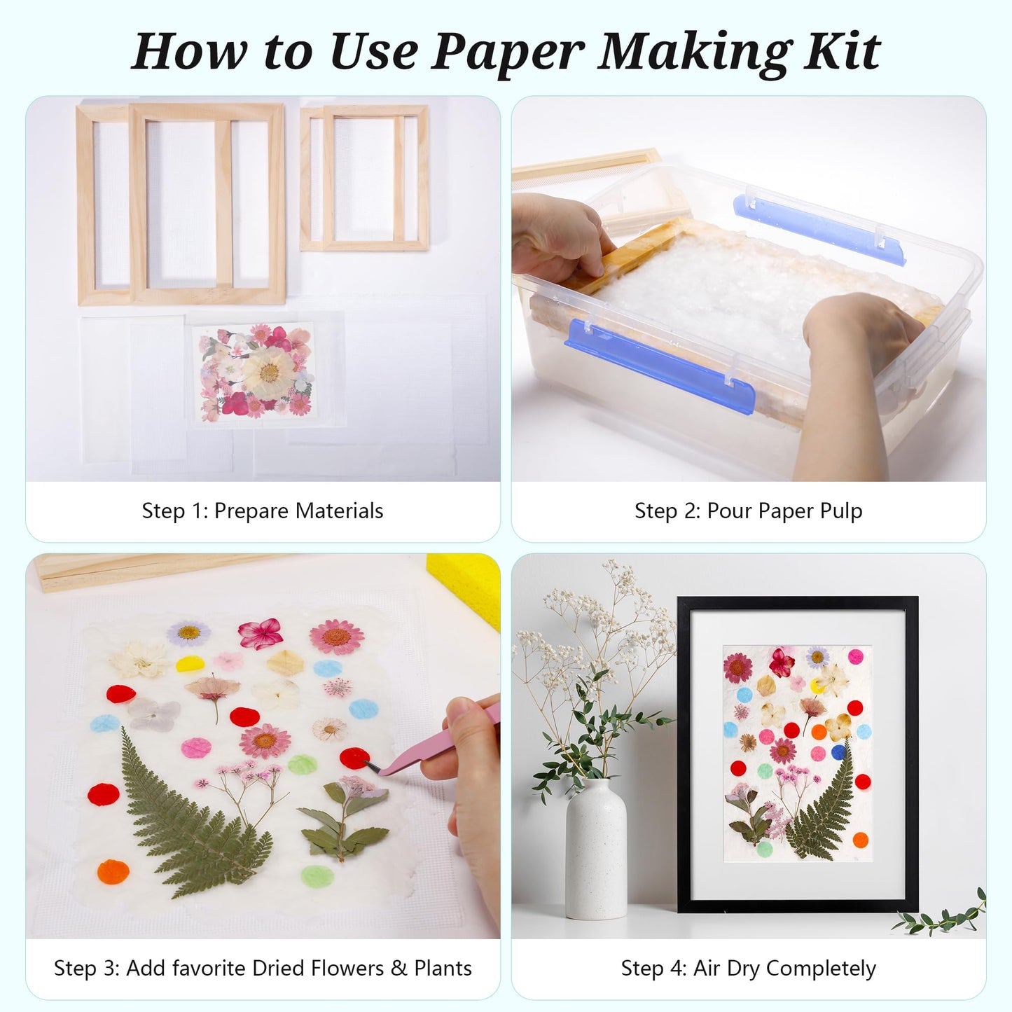 Aboofx Paper Making Kit, A4 A5 A6 A7 Size Paper Making Screen Frame Kit, Wooden Mold and Deckle with Mesh, Absorbent Papers, Sponge and Confetti,DIY Handmade Papermaking Supplies Gift for Craft Lover