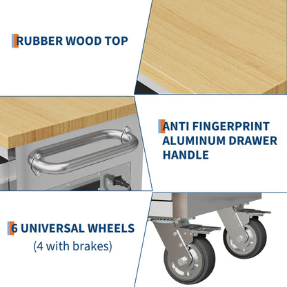 PeakPursuit 96" Rolling Tool Chest with 24 Drawers, Solid Rubber Wood Workbench Top, Locking Wheels & Key Lock, Mobile Garage Storage Cabinet for Workshop Organization, Silver
