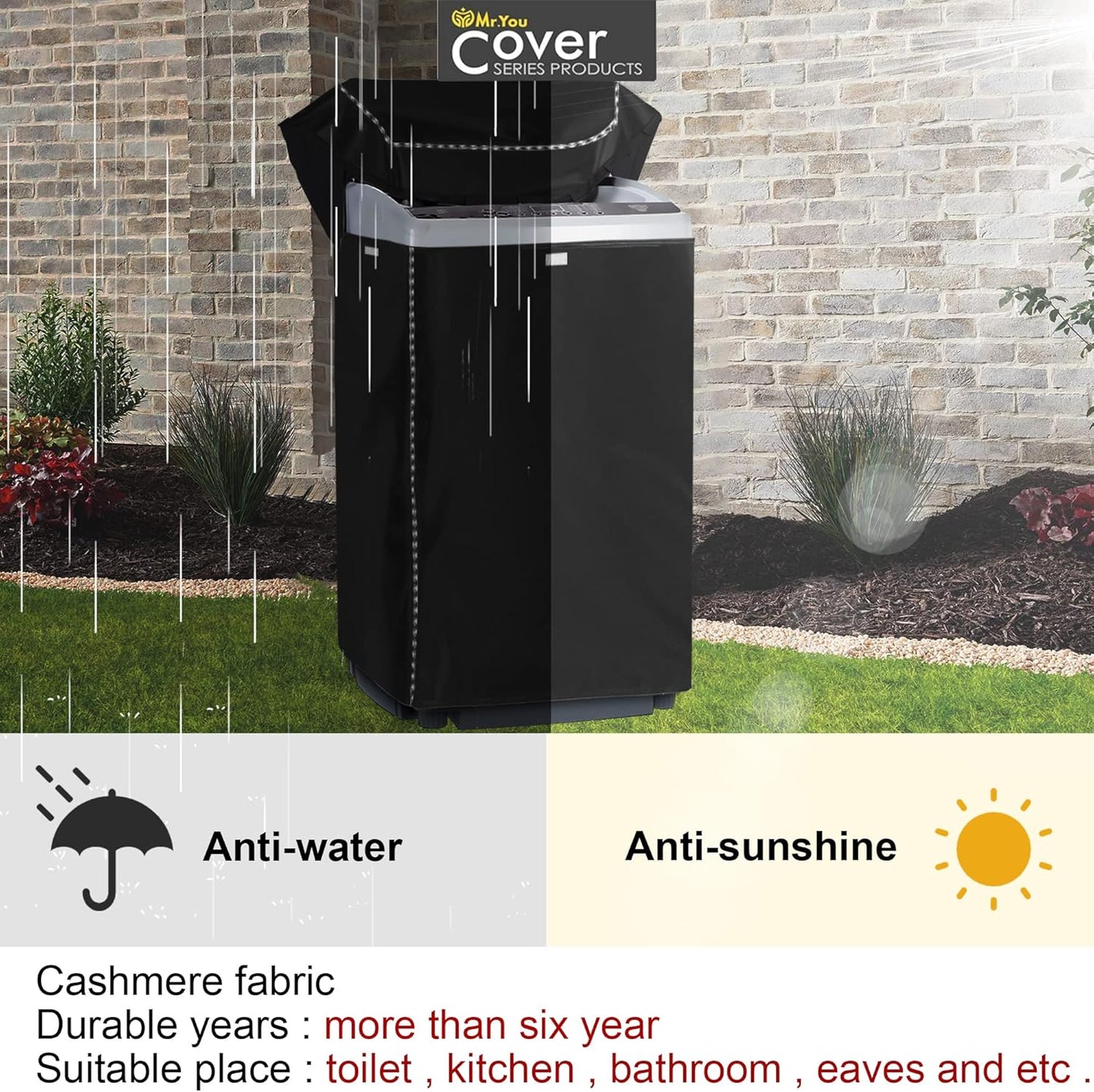 Portable Washing Machine Cover, Waterproof Top Load Washer Dryer Cover (20" x 20" x 34", Black)