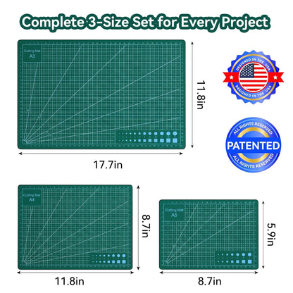 3Pcs Self Healing Cutting Mat, Double-Sided Non-Slip Rotary Cutting Board for Rotary Cutting, Sewing, Quilting, Crafting, A3 A4 A5 Size (18x12, 12x9, 9x6 Inch),Green