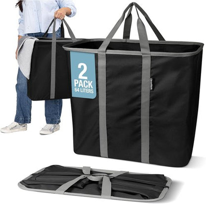 CleverMade Collapsible Laundry Caddy - XXL 64L Foldable Hamper & Tote, Space-Saving Organizer | 2 Pack - Black Gray