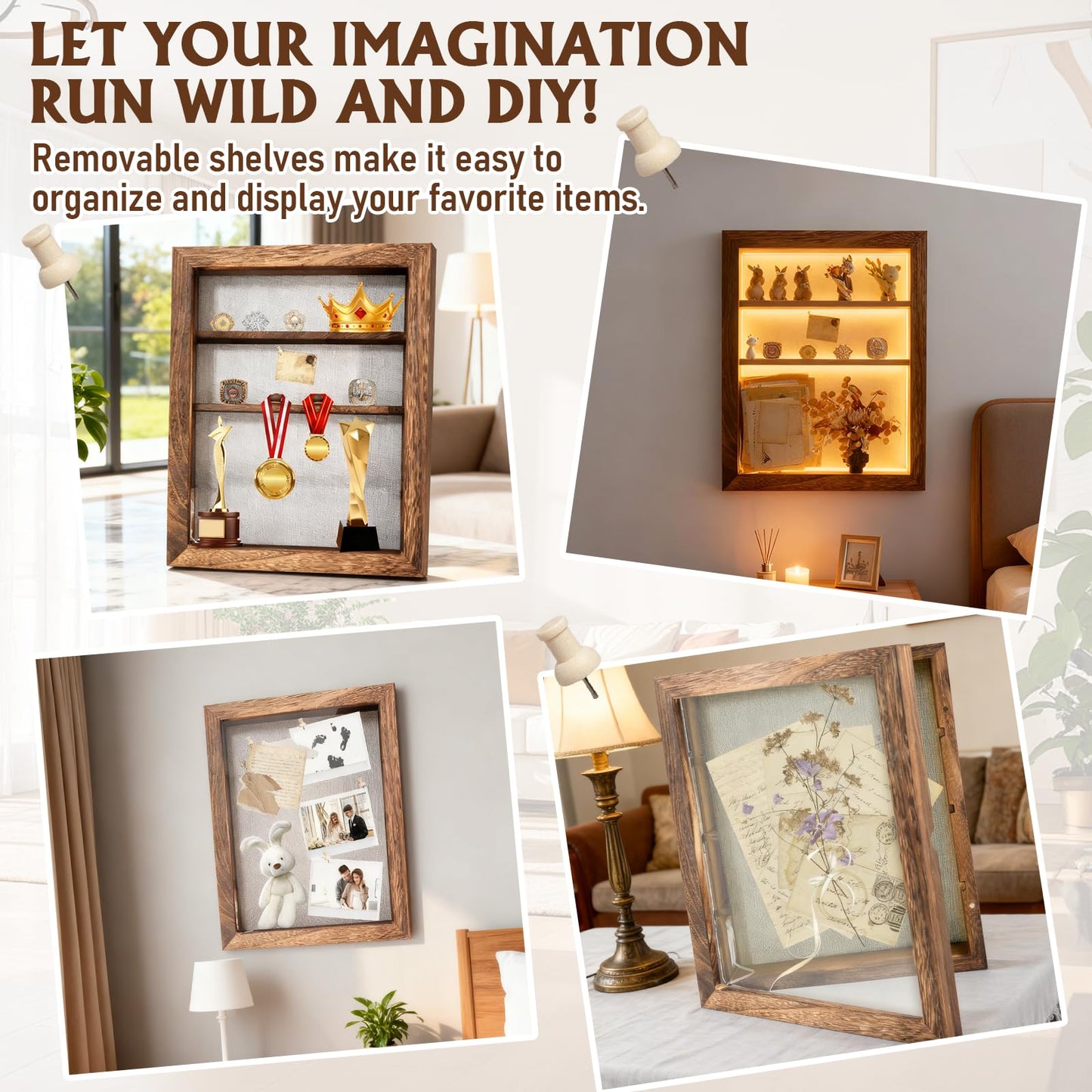 Shadow Box 14x11 Brown Picture Frames Display Cases with LED Light,Memory Keepsakes Boxes with 4 Removable Trinket Shelf,for Anniversary Wedding Baby Graduates Memorial Collect Deep Brown