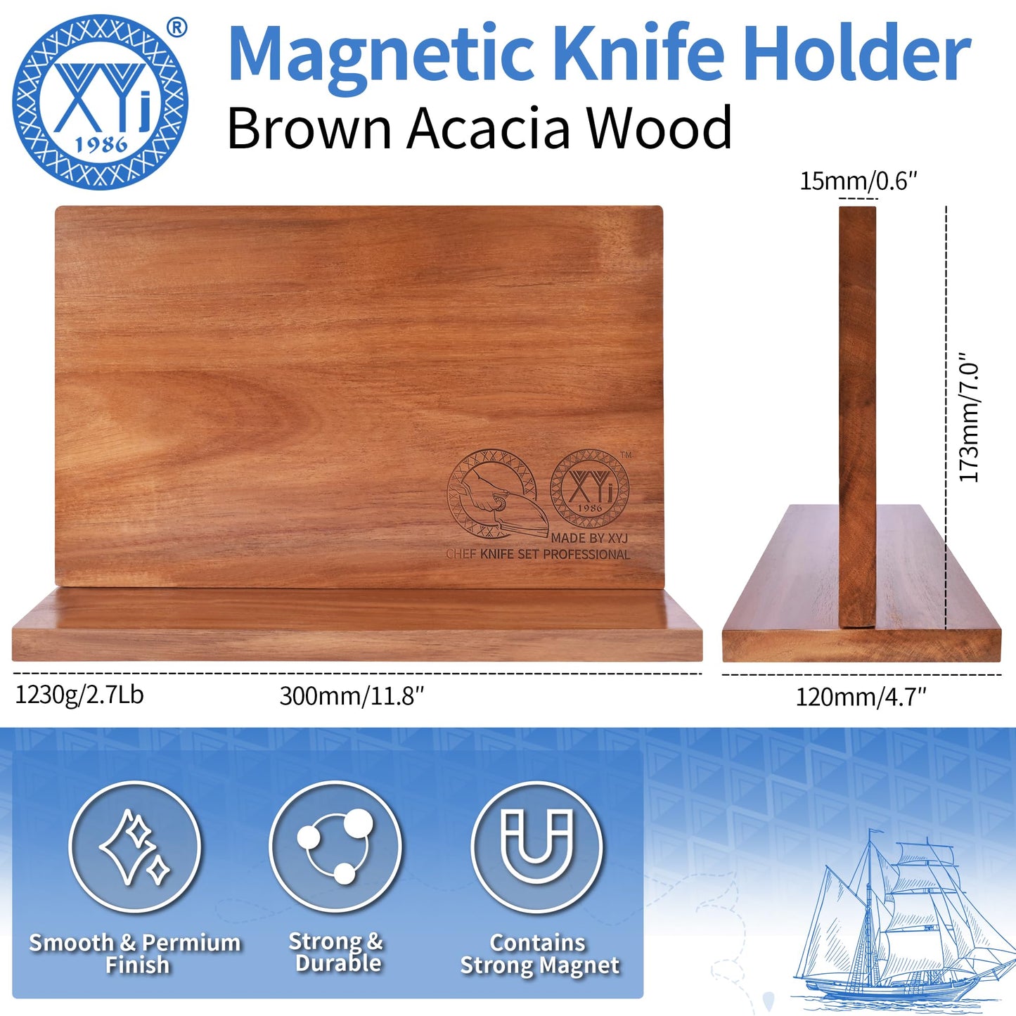 XYJ Authentic Since 1986, Magnetic Knife Block, Double Side Kitchen Knife Stand, Acacia Wood, Magnetic Knife Holder with Strong Enhanced Magnets,Knives Storage Rack Stand for Home Kitchen
