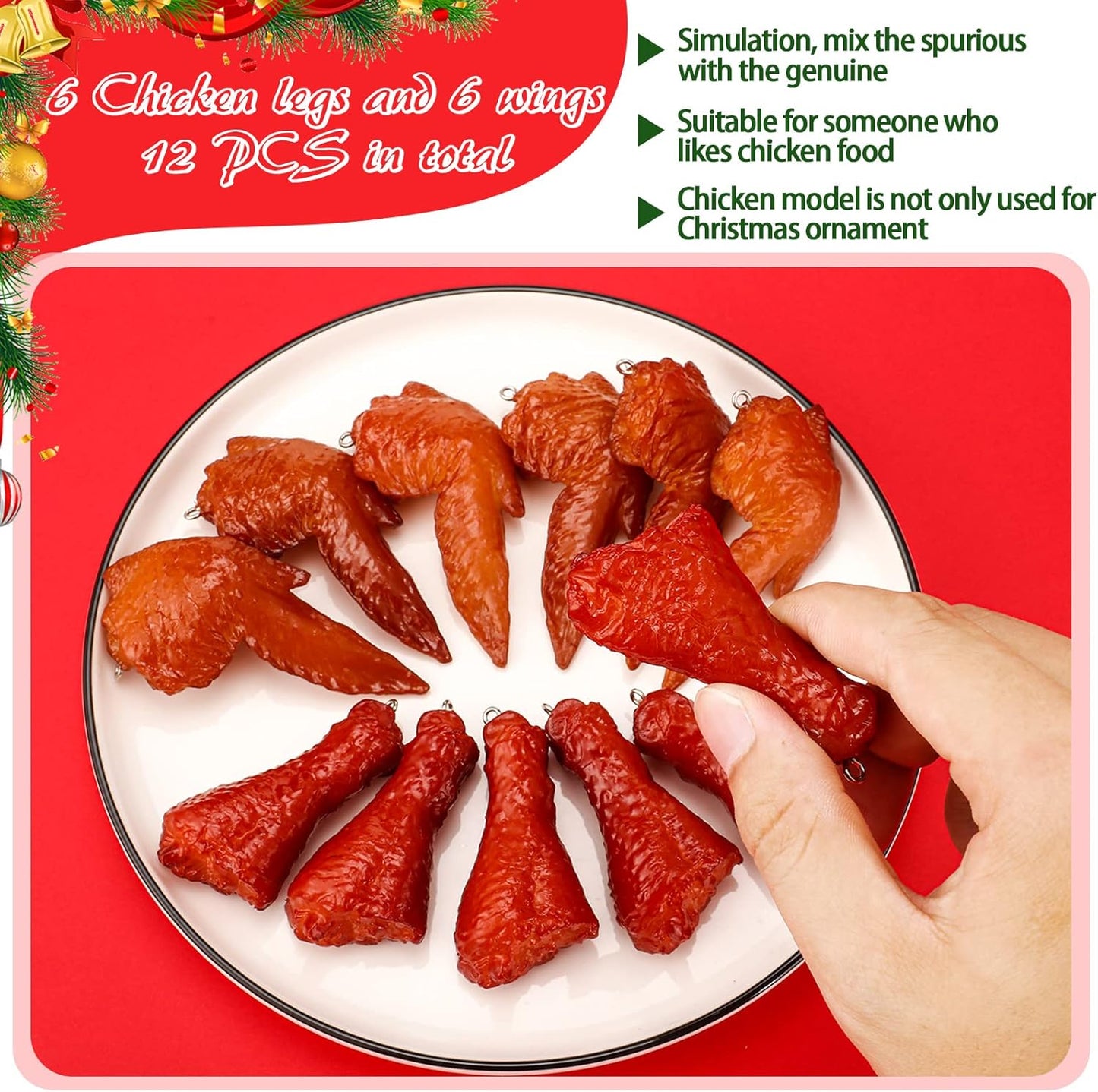 12 Yinder Pcs Christmas Chicken Wing Ornaments, Chicken Wing Food Ornaments for Christmas Tree Hanging Fried Fake Leg