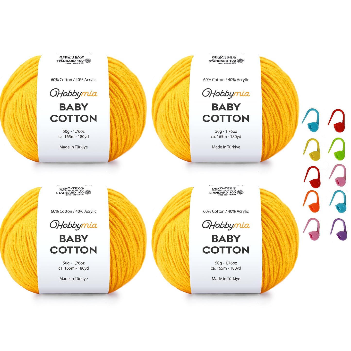 HobbyMia Baby Cotton Blend Yarn – Soft Sport Weight Yarn for Crochet & Amigurumi - 50g/180yds - 60% Cotton 40% Acrylic - Ideal for Baby & Knitting Proj. & 10 Stitch Markers(Mustard Yellow, 4 Balls)