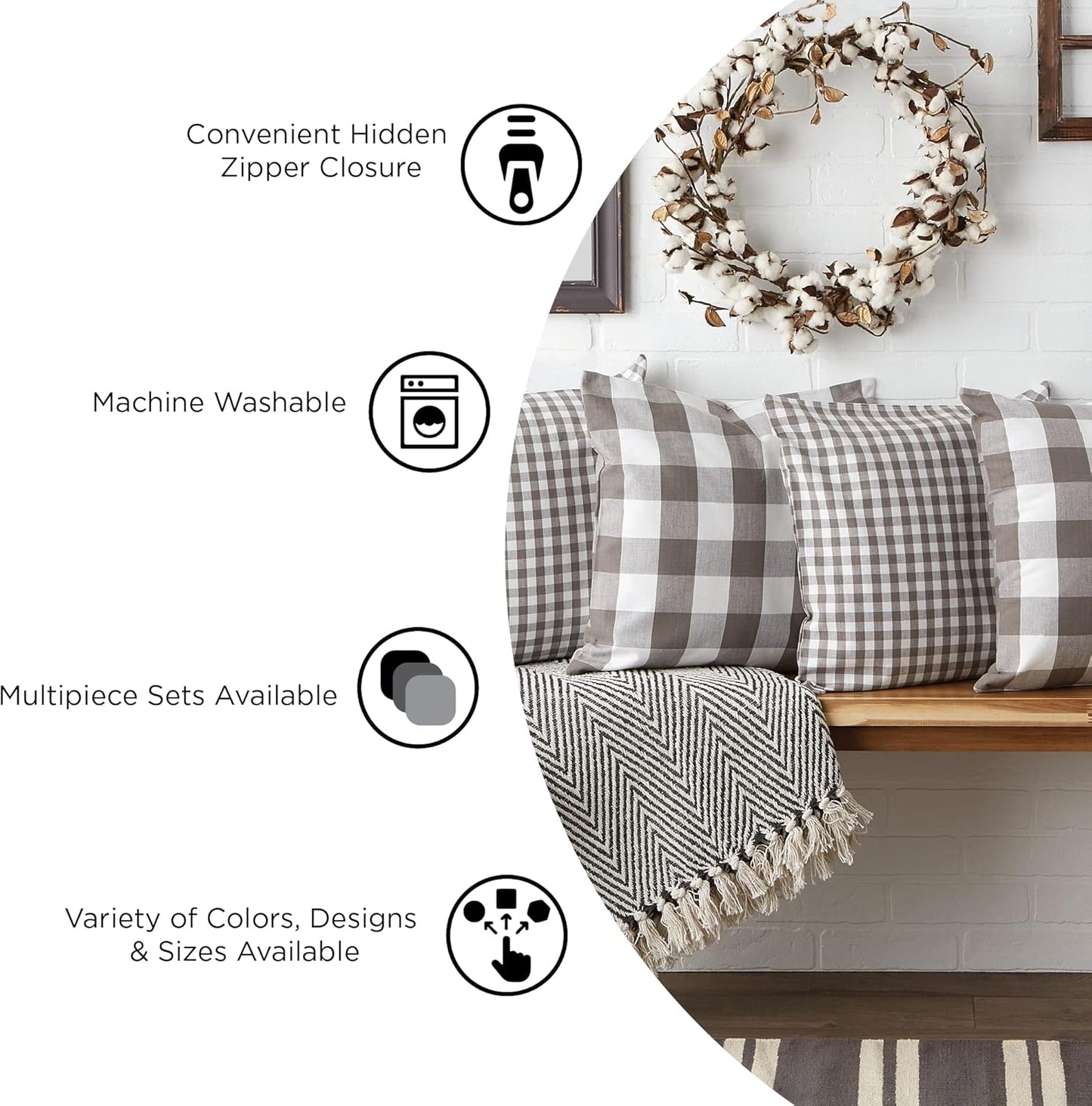 DII Decorative Square Throw Pillow Cover Collection, Cotton, Machine Washable, 18x18, Gray Assorted, 4 Piece