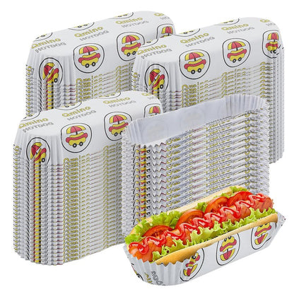 Qmino 300Pcs Hot Dog Trays, 6'' Paper Food Trays Eco Friendly, Boats Rectangular Fluted Hot Dog Tray, Disposable Food Tray Hot Dog Cart Accessories for Takeout Food