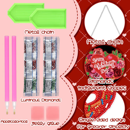 Chiisong 6 Pcs Valentine's Day Diamond Art Painting Kits Glow in The Dark Diamond Hanging Sign Flower Truck Wreath Love Gnome Hanging Ornaments for DIY Adult Beginner Holiday Door Wall Decoration Gift