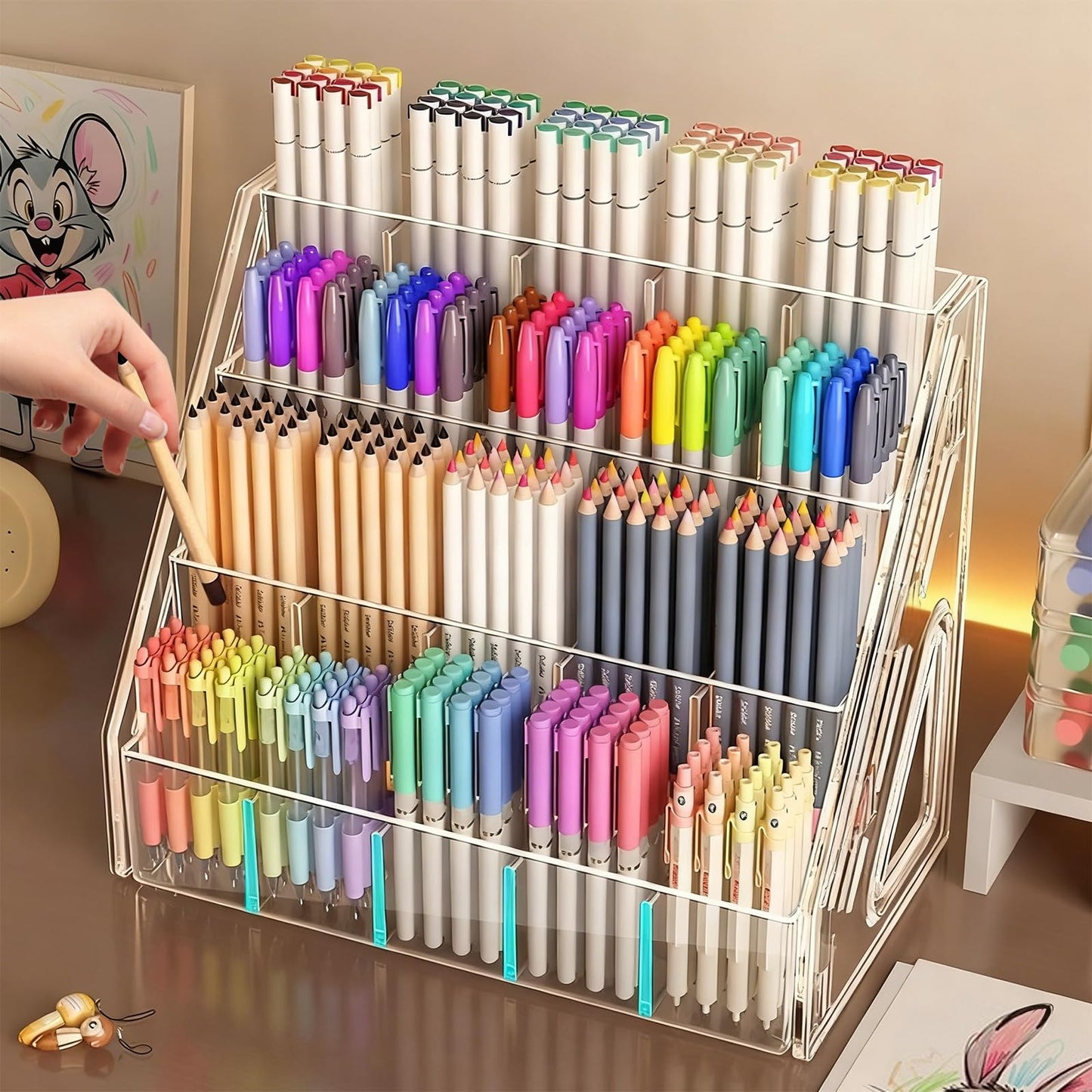 Vowcarol Pen Holder, Marker Organizer 20 Compartments, Clear Pencil Holder Space Saving, 4-Tire