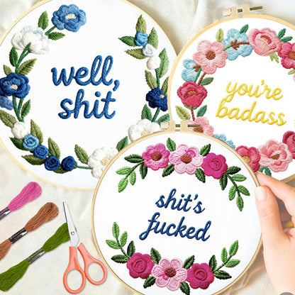 INFUNLY 6 Pack Wreath Embroidery Starter Kit for Beginners Inspirational Word DIY Embroidery Kits for Adult Loving You Stamped Needlepoint Set with Step-by-Step Instructions Threads Craft Lover Gift
