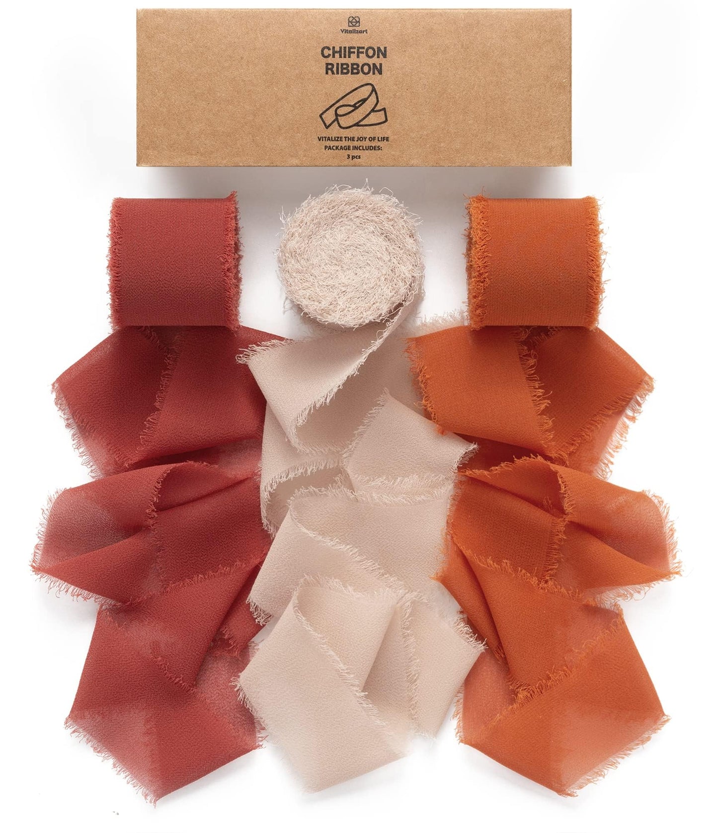 Vitalizart Fall Handmade Chiffon Silk Ribbon Fringe 1.5" x 21 Yd Terracotta Frayed Edges Ribbons for Wedding Invitations Bridal Bouquets Gifts Wrapping Crafts Holiday Party Decorations