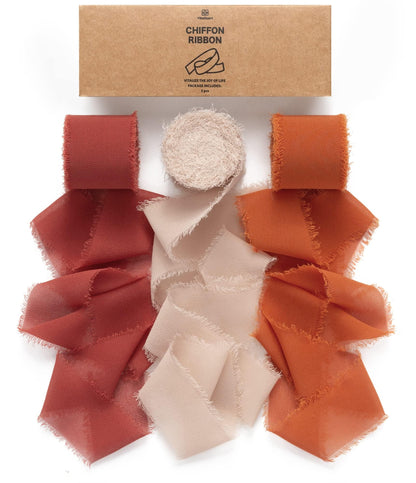 Vitalizart Fall Handmade Chiffon Silk Ribbon Fringe 1.5" x 21 Yd Terracotta Frayed Edges Ribbons for Wedding Invitations Bridal Bouquets Gifts Wrapping Crafts Holiday Party Decorations