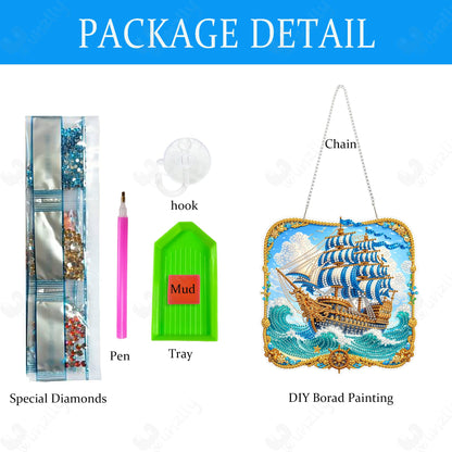 Yunzlly DIY Hanging Diamond Art Pendant Kit, Special Crystal Double Sided Diamonds Painting Ornament Kit for Adults, Acrylic Gem Painting Board for Window&Door&Wall (Sea Sailboat)