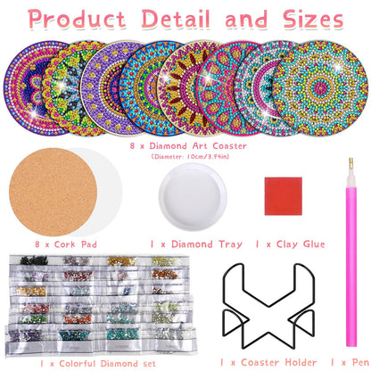 Billbotk Diamond Painting Coasters Kit, 8 Pieces Mandala with Holder, DIY Art for Beginners, Kids