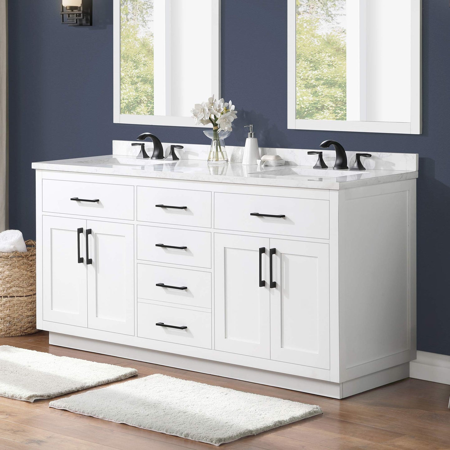 OVE Decors Athea 72" Double Undermount Sink Bathroom Vanity with Cultured Marble Countertop, Backsplash, Power Bar, in White Finish