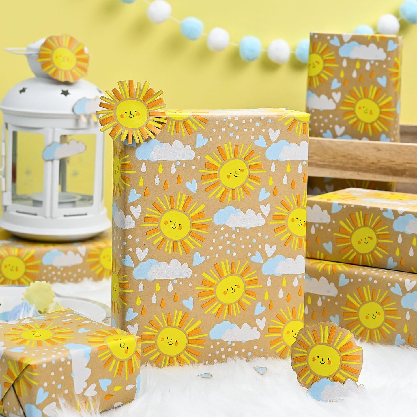 MAYPLUSS Kraft Baby Shower Wrapping Paper, Recyclable Sunshine, Cloud & Heart Design Baby Gift Wrap Paper for Children Birthday, Party, Holiday, Cute Wrapping Paper Mini Roll (17 Inch X 33 Feet)