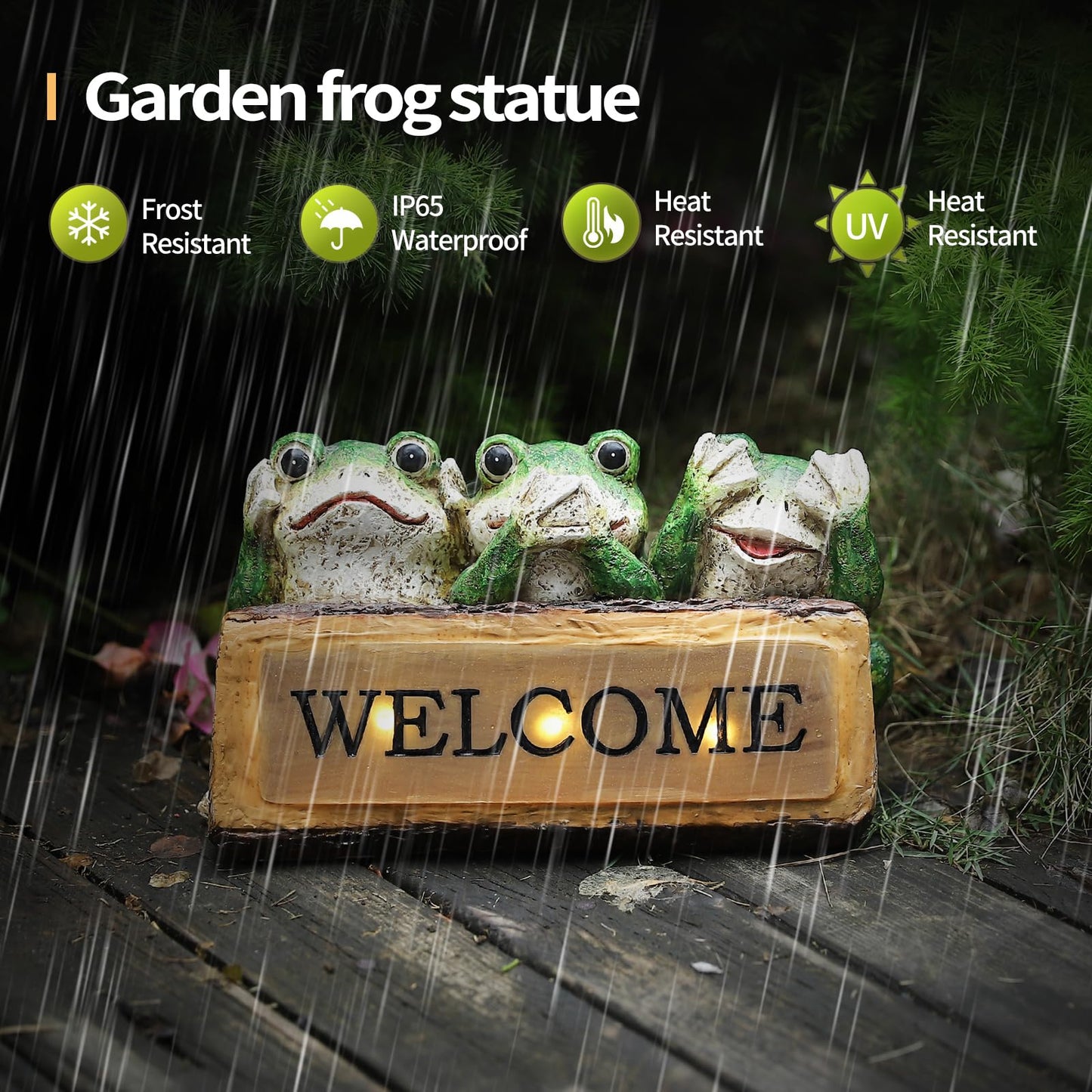 10.43"W Miniature Frog Solar Garden Statue, Three Wise Frogs Resin Lighted Welcome Sign, Outdoor Fairy Garden Accessories, Housewarming Gift for Patio, Yard, Porch, Entryway, Balcony, Lawn Ornament