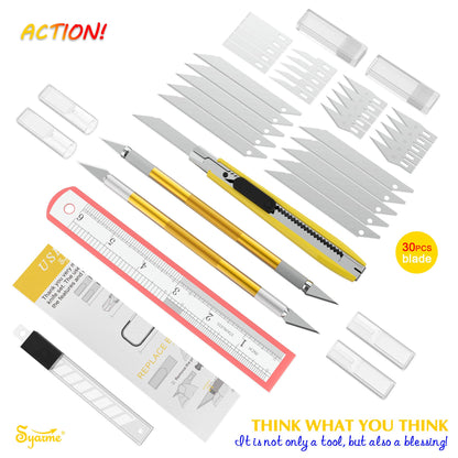 Precision Knife, Craft Utility Carving Knife Set for Art, Hobby, Scrapbook and Sculpture, Etc., Contains 2 Hobby Knives & 1 Cutter knife, 30 spare blades, EVA Storage Box, Ruler, Cleaning Cloth